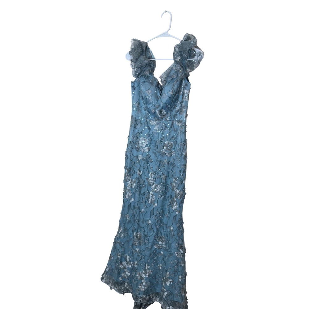 Eliza J Dress Womens 2 Blue Lace Sequin Floral Ruffle Maxi Mermaid Gown Formal